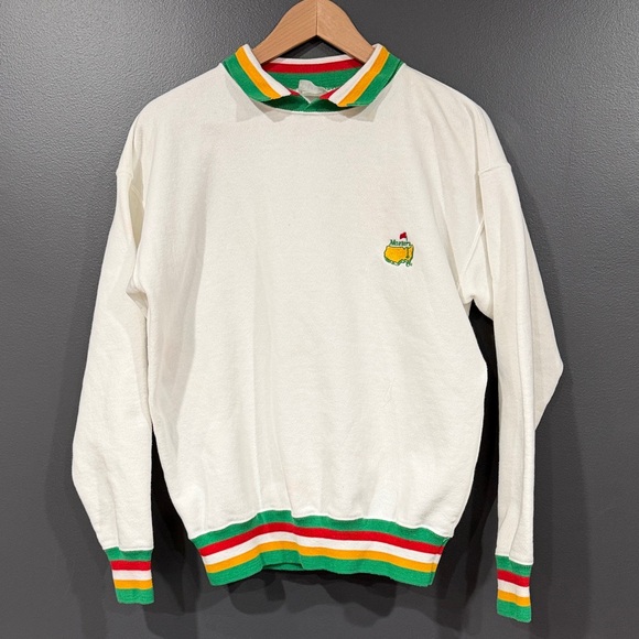 Masters Players Design Men's White Sweater with Green and Yellow Accents Vintage